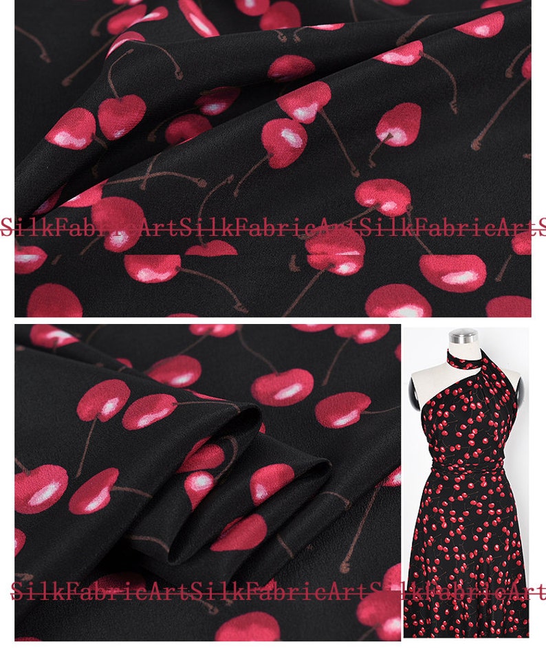Red cherry print black fashion new fabric 100/% Silk Crepe de Chine fabric Width 43 inch