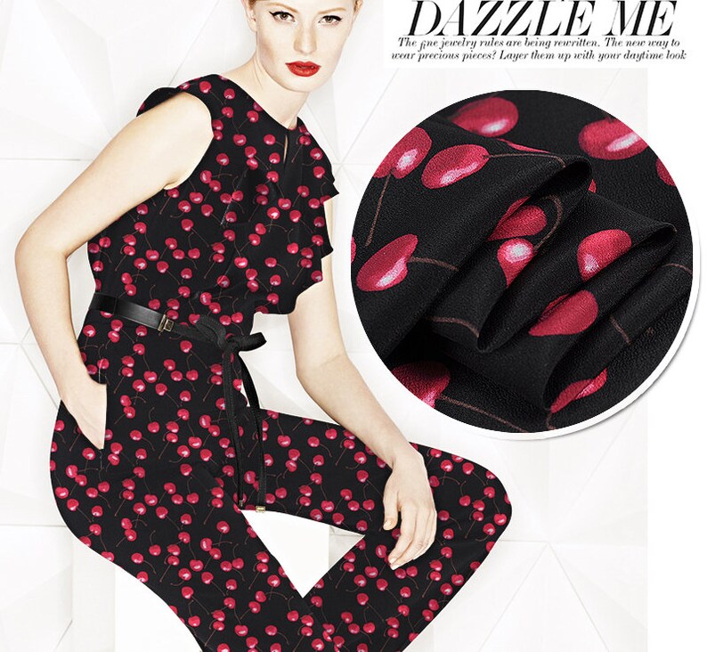 Red cherry print black fashion new fabric 100/% Silk Crepe de Chine fabric Width 43 inch