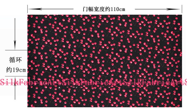 Red cherry print black fashion new fabric 100/% Silk Crepe de Chine fabric Width 43 inch