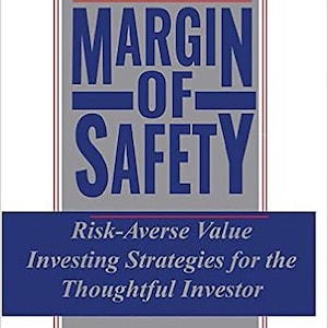 Op de afbeelding: Boekomslag met een blauwe titel "MARGIN OF SAFETY" en een ondertitel "Risk-Averse Value Investing Strategies for the Thoughtful Investor" door Seth A. Klarman.