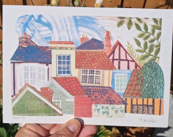 Rooftops Art print of original linocut collage Rooftops Lino print collage Original art Suffolk art Sudbury Lavenham Suffolk art collage