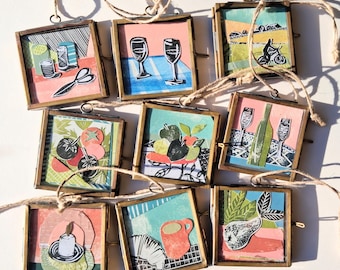 Miniature collage Framed Small original artwork Mini print Lino print collage 5cm brass frame
