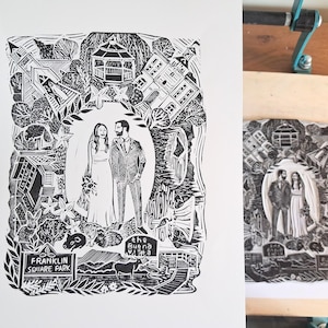 May include: Black and white linocut print featuring a couple in wedding attire, surrounded by a detailed landscape with buildings, trees, and the text "Franklin Square Park" and "the Buena Vista". The artwork is on white paper.