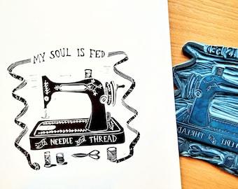 Linocut personalised sewing print My soul is fed with needle and thread Personalised gift Sewing gifts Sewing print Antique sewing machine