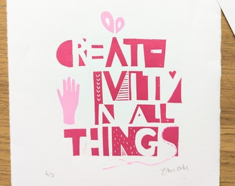 Original lino print Original Linocut Creativity in all things Positive quote Typography Magenta pink