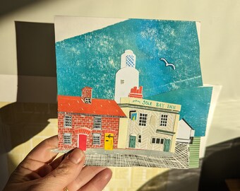 Original collage Southwold lighthouse Southwold Lino print collage Linocut collage Suffolk art Southwold art Sole Bay Inn