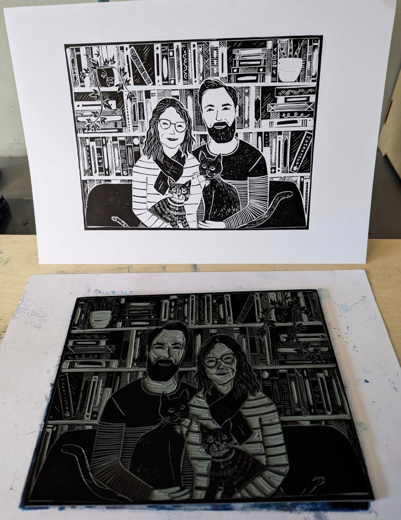 Lino print Custom portrait Custom couple portrait Family portrait illustration Couple portrait from photo Valentines day gift Valentine's image 2