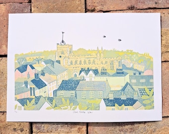 Linograbado original Vista del Castillo de Clare Impresión en linóleo Clare Suffolk