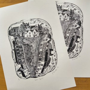 Castle Hedingham lino print Limited edition linocut Village scene Architectural art Essex print