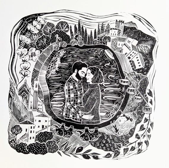 Lino print Story of us Custom portrait Linocut Family portrait Couple portrait Paper Anniversary Gift Map of us Our Journey Love Story