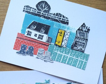Original collage Postcard size art Original art Collage art Linocut collage Lino print collage Original print collage Lavenham print