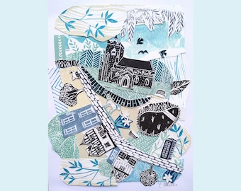 A4 original collage Lino print collage Original print collage with dog Original art British village artwork Village scene art with dog