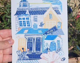 Art print collage a5 Original collage House portrait collage Original print collage Lino print collage Fine art collage House collage