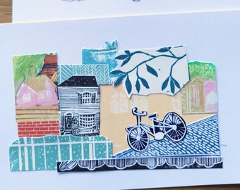 Original collage A6 art postcard art Collage art Linocut collage Lino print collage Bike print Bicycle print Cyclist print
