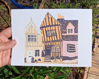 Crooked House Art Print lino print Suffolk linocut print Lavenham Crooked House Colourful house portrait linocut Suffolk art Suffolk print