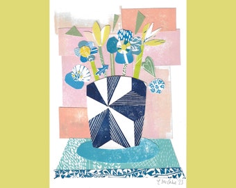 Original linocut collage Blue flowers Original collage art Still life Mothers Day flowers Linocut lino print collage Floral Colourful