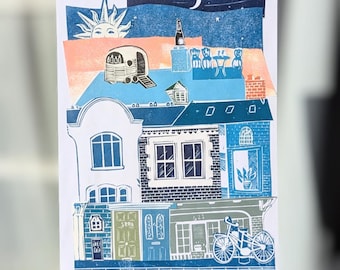 Original linocut collage Roof Party a5 Lino print collage art House portrait