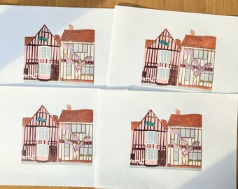Limited edition original lino print Lavenham Crooked House Lavenham Colourful house portrait linocut Suffolk art Suffolk print
