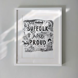 Impresión linográfica original de Suffolk y orgulloso arte de Suffolk Impresión de Suffolk Southwold Framlingham Bury St Edmunds Ipswich Flatford Sudbury Lavenham