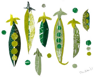 Original collage Peas Linocut collage Lino print collage vegetable art Veggie print Peas in a pod