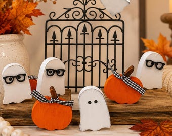 Mini Halloween Ghost & Pumpkin Trio, Cute Ghosts with Glasses, Fall tiered tray decor, coffee bar ghost, Halloween shelf sitters,  gift idea