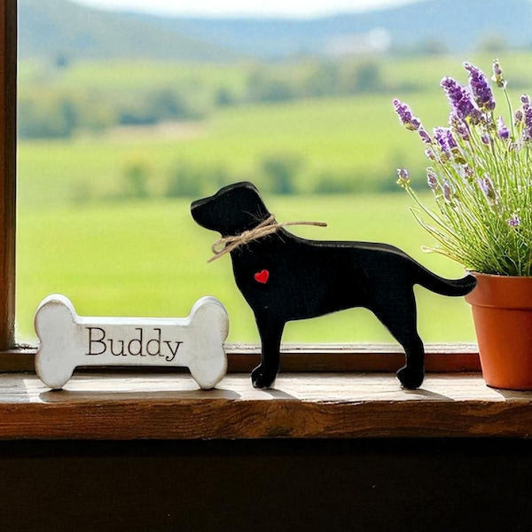 personalized labrador wood dog with engraved bone black yellow chocolate custom pet memorial decor dog lover gift shelf sitter