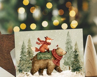 Woodland Friends Christmas Notecard Set – Bear & Fox Winter Scene,  Set of 12 A2 Cards with Kraft Envelopes