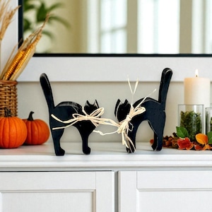 black cat Halloween decor, wooden cat decoration set of 2, Cat lover Halloween gift,Primitive wood cat with raffia bow,Halloween tiered tray