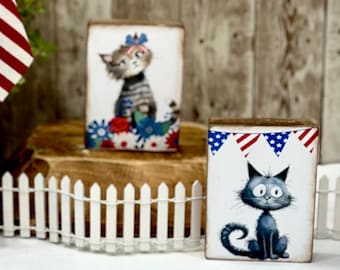 wood patriotic cat signs, Americana decor, 4th of July accents, cat lovers, USA, tiered tray decor, summer cats, America, wood block signs