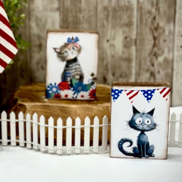 wood patriotic cat signs, Americana decor, 4th of July accents, cat lovers, USA, tiered tray decor, summer cats, America, wood block signs