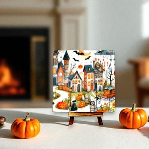 Halloween sign with easel, Whimsical Halloween village decor, Spooky village scene display,Halloween party hostess gift idea, Folk art Fall