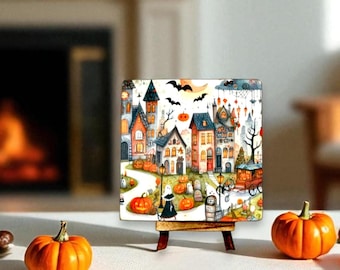 Halloween sign with easel, Whimsical Halloween village decor, Spooky village scene display,Halloween party hostess gift idea, Folk art Fall