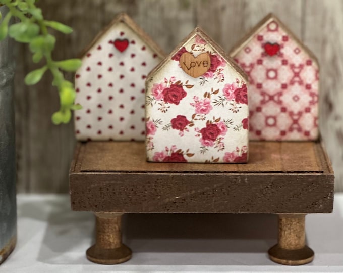 Little Wood Valentines Houses,mini Cottage Trio,handcrafted Love Decor