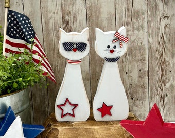 Wood patriotic cats,Tall skinny cats,set of 2,Whimsical holiday decor,cat lover's gifts,4th of July,Americana,tiered tray,Olympic decor, USA