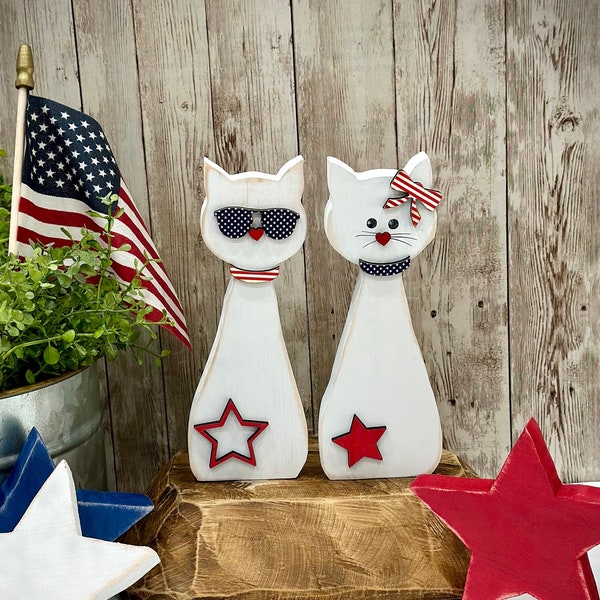 Wood patriotic cats,Tall skinny cats,set of 2,Whimsical holiday decor,cat lover's gifts,4th of July,Americana,tiered tray,Olympic decor, USA