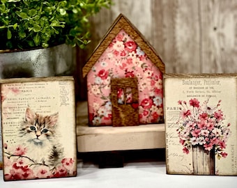 Rustic pink house, cottage decor, country decor, whimsical wood house, vintage signs, tiered tray decor, houses shelf sitters,Spring, floral