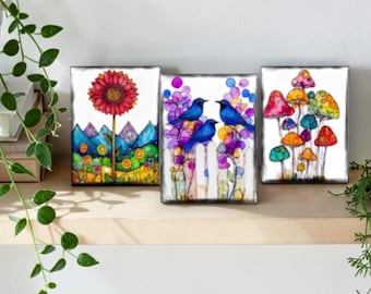 Small Wood Sign with Easel, Spring Shelf Decor, Tiered Tray Decor, Cottagecore Floral Art, Mini Wood Block Sign, Gift for Her