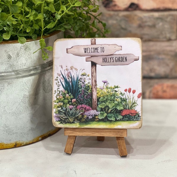 Personalized mini garden art with easel, personalised gift, tiered tray, cottage decor,  shelf sitter, customized garden sign, watercolor