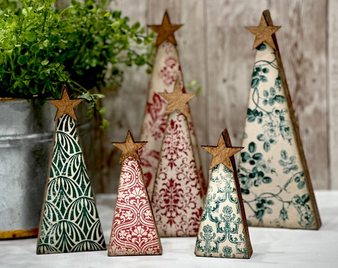 Decoupaged Wood Christmas Trees, Set of 3, Rustic Holiday Decor