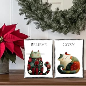 Whimsical Christmas Cat Wood Block Sign, Holiday Decor Gift, Cozy Rustic Shelf Sitter, Festive Cat Lover Art, 3x4 Mini Sign