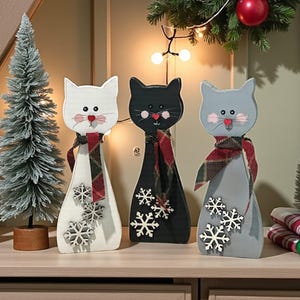 Wooden cat Shelf Sitter, cat decor, Christmas Cat figurine with Scarf & Snowflakes, 3 Colors Available, Cat lover, Holiday gift giving