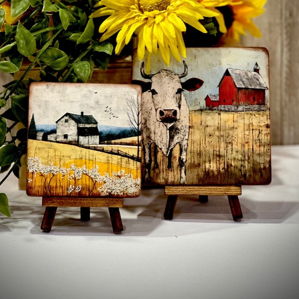 Whimsical farm scenes mini art with easel, farm folk art, farmhouse decor, vibrant wood sign, unique Spring accents, cow,rooster,horse, barn