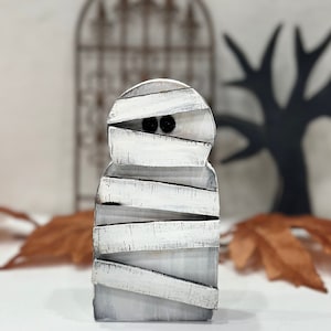 Halloween mummy fall decor, farmhouse Halloween tiered tray decor, spooky mini coffee bar accent, Halloween gift for host, gift for coworker