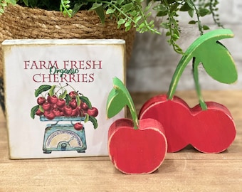 Wooden cherries, Farmhouse cherry sign, wooden fruit, tiered tray sign, cherry decor, Summer fruit, vintage look cherry sign, wooden block