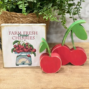 Wooden cherries, Farmhouse cherry sign, wooden fruit, tiered tray sign, cherry decor, Summer fruit, vintage look cherry sign, wooden block