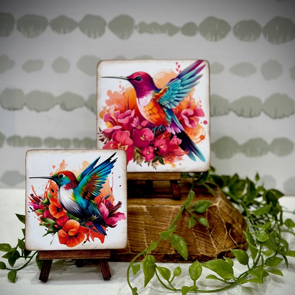 hummingbird wood signs with easels, bird lover gift, vibrant summer birds, watercolor birds, tiered tray, unique gift, windowsill art