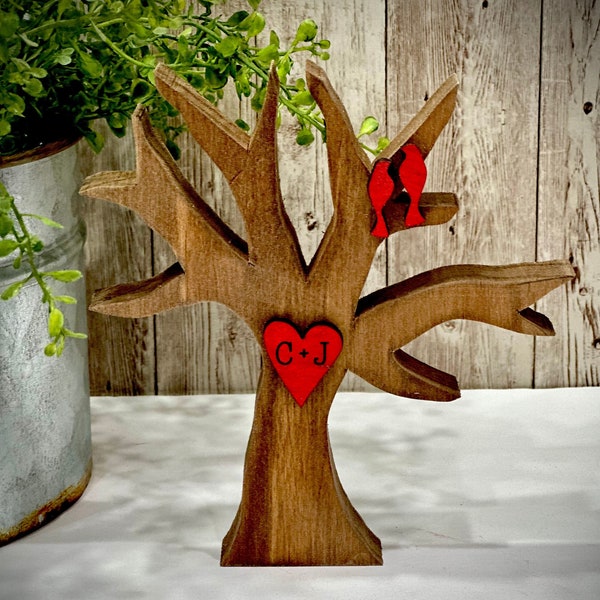 Personalized Lovebirds Tree,Wooden Valentine's Day Gift, Engraved Initials Decor, Romantic Wooden Keepsake, couples anniversary gift