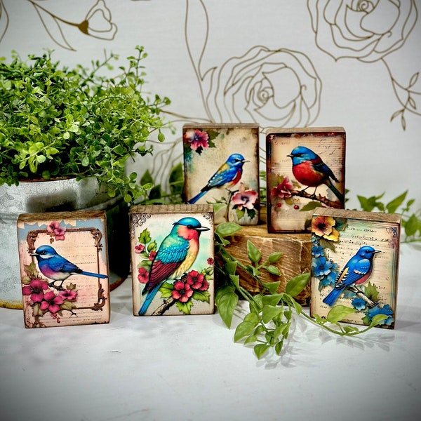 Vintage look bird art,wood sign with easel,whimsical birds, gift for friend, bird lover, stained wood block, bird tiered tray,vibrant floral