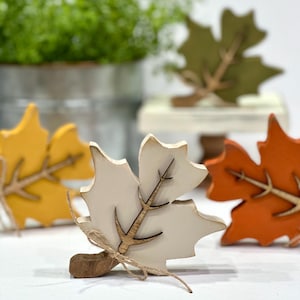 wood fall leaves rustic maple leaf thanksgiving decor orange gold green tiered tray shelf sitter autumn farmhouse table entryway centerpiece