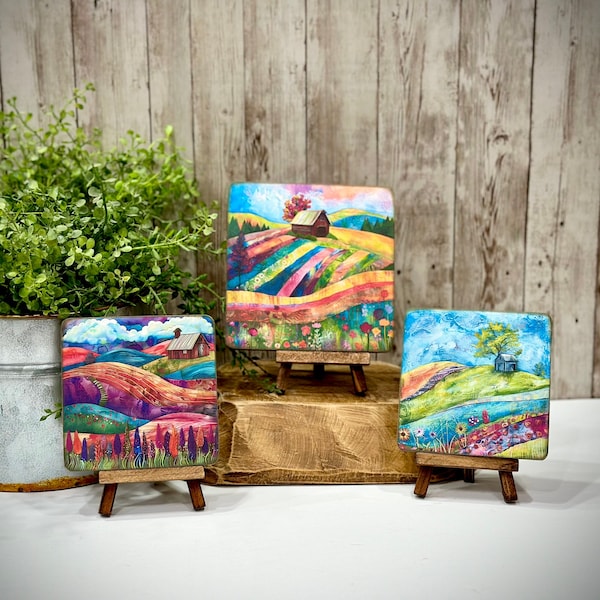 colorful landscape signs, wooden mini art, whimsical barns, summer decor, tiered tray, desk art, unique gift, matching easel, boho infused